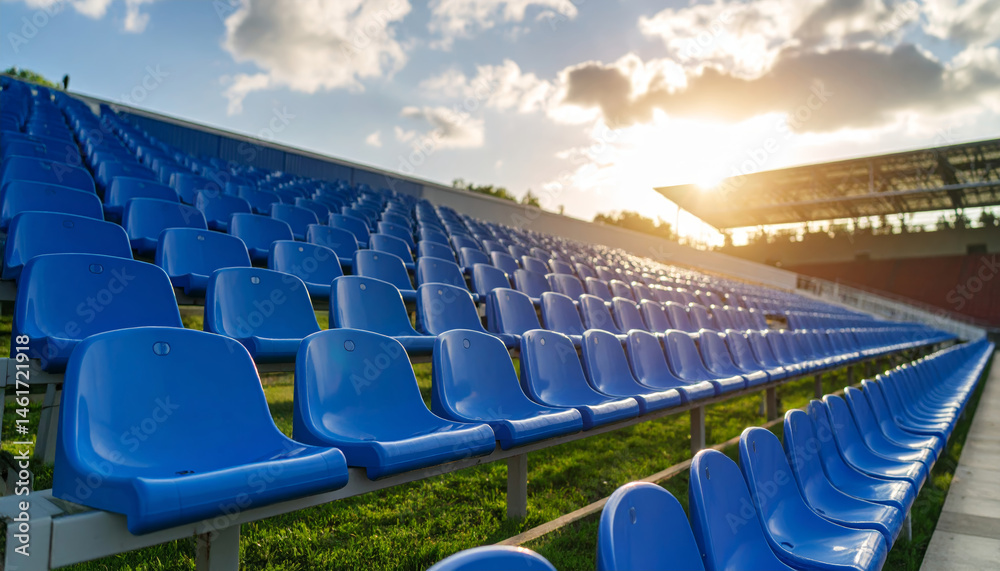 Naklejka premium Empty blue plastic seats in outdoor stadium tribune with sunlight and clouds, peaceful atmosphere, concept of sport event, audience, and fan seating arrangement