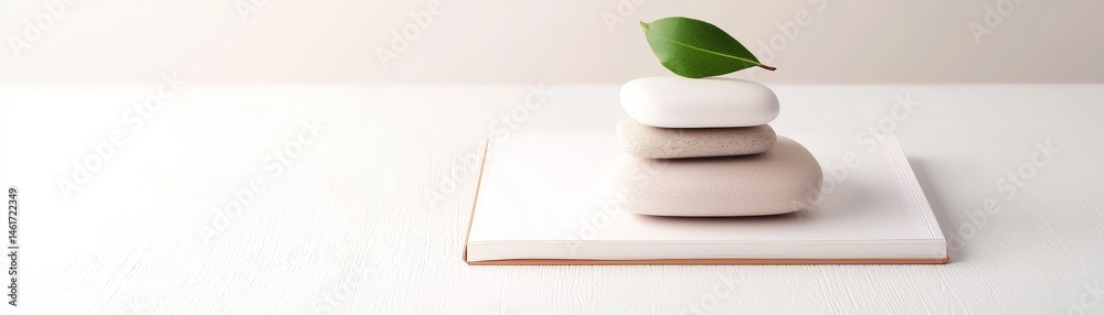 Three smooth stones stacked with a green leaf on top, placed on a closed book, symbolizing balance and tranquility.