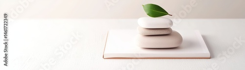 Obraz na płótnie Three smooth stones stacked with a green leaf on top, placed on a closed book, symbolizing balance and tranquility. w salonie