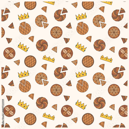 Galette des Rois, crowns, and cake slices seamless vector pattern. Perfect for packaging paper printing, backgrounds and for online projects.