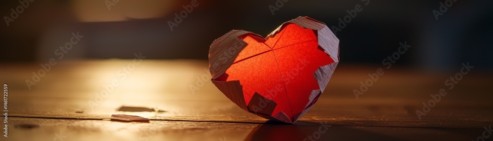 A paper heart with taped repairs sits on a wooden surface, illuminated by warm light, symbolizing healing and resilience.