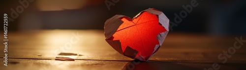 Obraz na płótnie A paper heart with taped repairs sits on a wooden surface, illuminated by warm light, symbolizing healing and resilience. w salonie