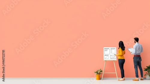 Obraz na płótnie Two people analyze documents on an easel against a peach background, with potted plants nearby, suggesting teamwork and planning. w salonie