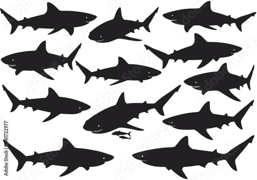 Depiction of a large group of predatory sharks swimming in the deep ocean waters in search of their next prey the sharks present menacing appearance in the ocean waters