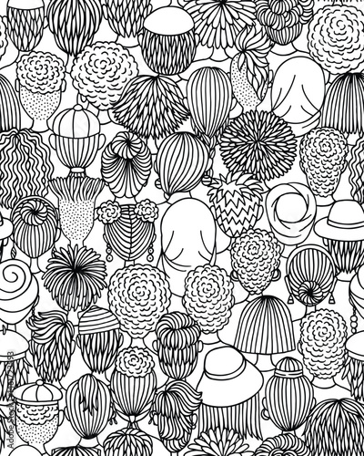 Seamless Vector Pattern of Diverse Doodle Crowd in Black and White – Back View Illustration