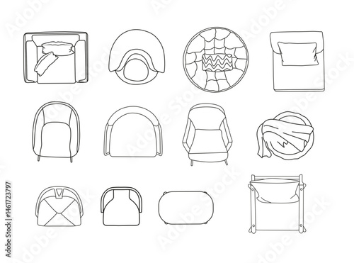 Top View Vector Set of Modern Armchairs, Poufs and Lounge Chairs for Interior Plans and Floor Layouts