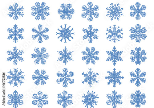 Delicate Ice Crystals An Array of Thirty-Six Individual Snowflakes Showcasing Unique and Intricate Designs Against a Pure White Backdrop Perfect for Winter Themed Projects and Holiday Decorations