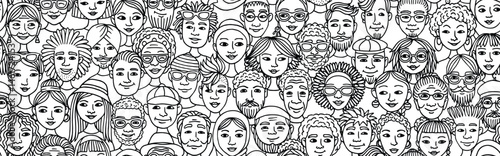 Seamless Hand-Drawn Vector Banner of Diverse Doodle Faces in Black and White