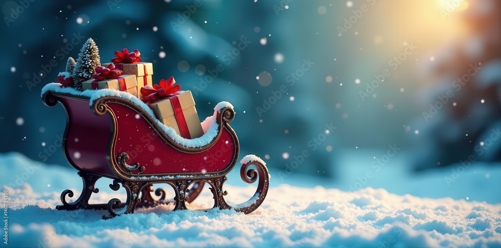 Naklejka premium Snow-covered sleigh overflowing with gifts, Christmas backdrop, frost, vintage, december