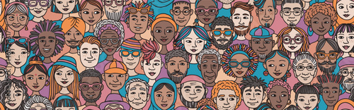 Seamless Hand-Drawn Vector Banner of Diverse Doodle Faces