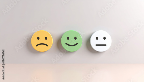 Yellow sad face, green happy face, and white neutral face emoticons for customer evaluation and client satisfaction concept, expressing various emotions in feedback