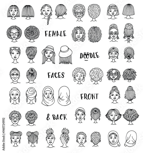 Hand-Drawn Female Doodle Faces in Black and White – Front and Back Vector Illustration Set