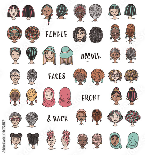 Collection of Hand Drawn Female Doodle Faces – Front and Back Vector Illustration Set