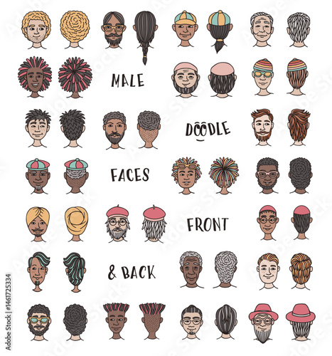 Collection of Hand-Drawn Male Doodle Faces – Front and Back Vector Illustration Set