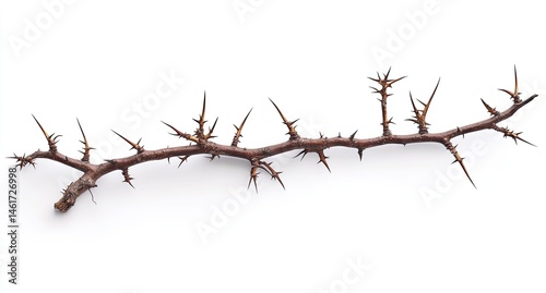 Dried, thorny branch against white background.  Thorns densely cover a long, thin, brown branch.  Natural, isolated