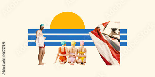 Conceptual artwork. Group of friends sitting on beach in swimsuits with man in towel under sunset and blue stripes as sea. Concept of summer friendship, sunbathing, warmth, nostalgia. photo