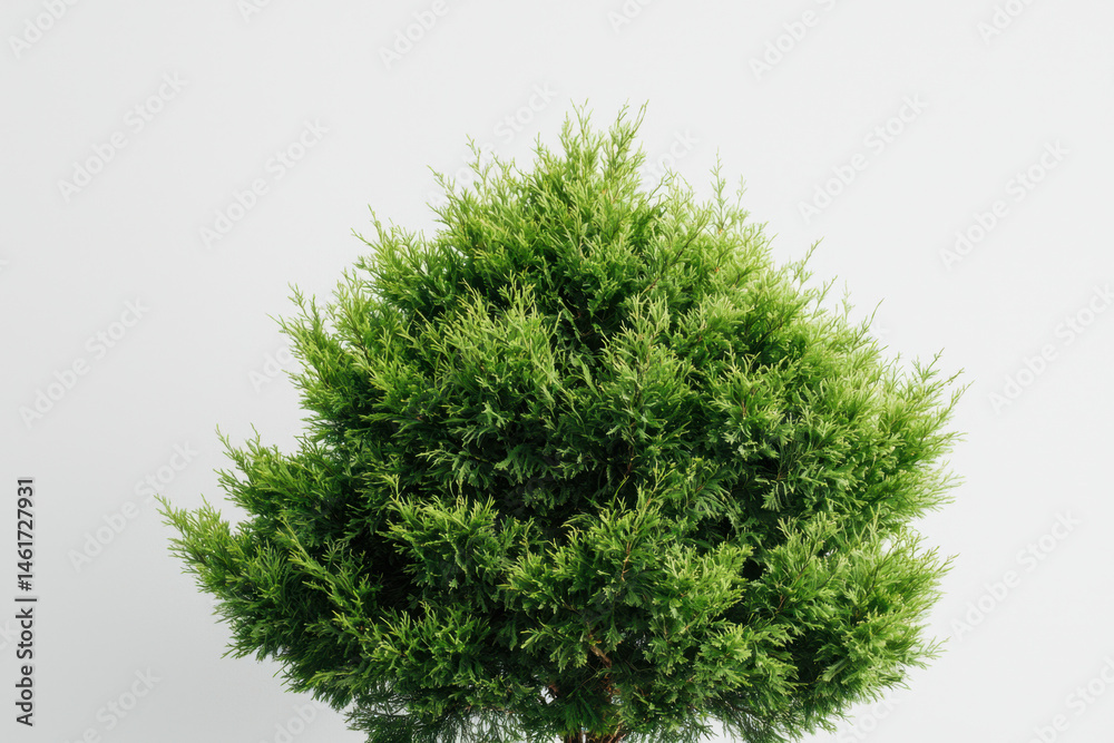 Fototapeta premium Lush cypress tree with dense feathery green foliage on white background isolated nature shot indoor environment vibrant green colors aesthetic appeal