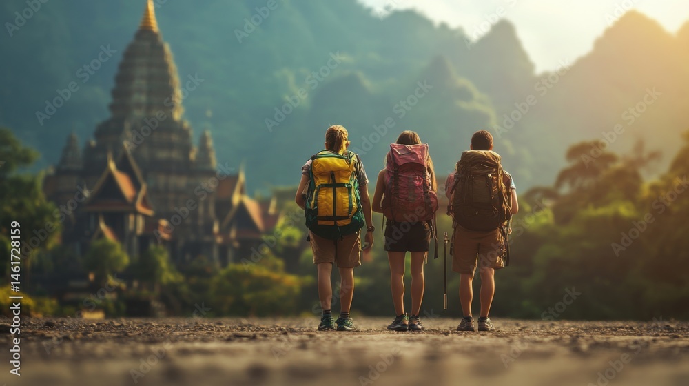 Naklejka premium Adventurous trio exploring ancient temple during breathtaking journey in nature