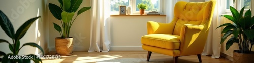 Modern yellow armchair bathed in sunlight with elegant houseplants in a dimly lit room, sunlight, houseplants