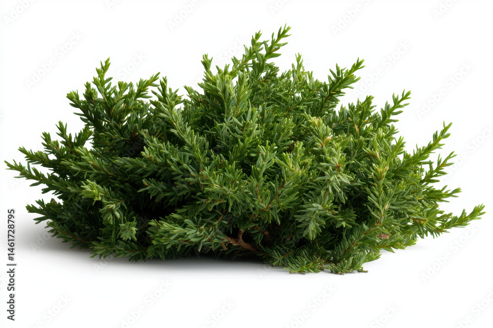 Fototapeta premium Dense yew bush with dark green needlelike leaves isolated on white background nature photography studio environment close-up viewpoint vibrant concept