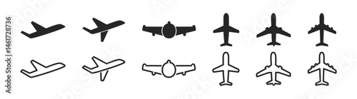 Airplane icon set. Plane icons set in black filled and stroke line style. Vector illustration 