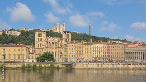 Borders of river Rhone, with Saint-Jean-Baptiste cathedral and of Basilica of Notre-Dame de Fourviere. Lyon, France 