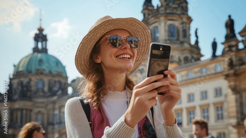 Cheerful tourist capturing memories in europe with her mobile device