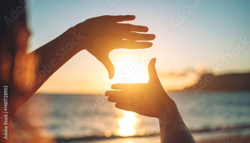 Wallpaper Mural Hands framing sun at sunrise on beach, symbolizing future planning, hope, and new beginnings with warm, optimistic feeling Torontodigital.ca