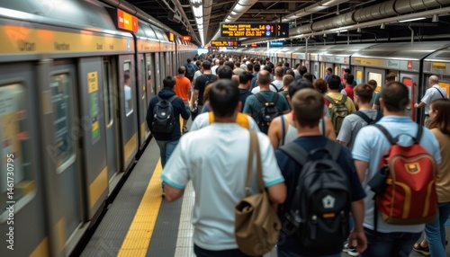 Crowded Subway Station with Commuters Walking Towards Train in Urban City Environment