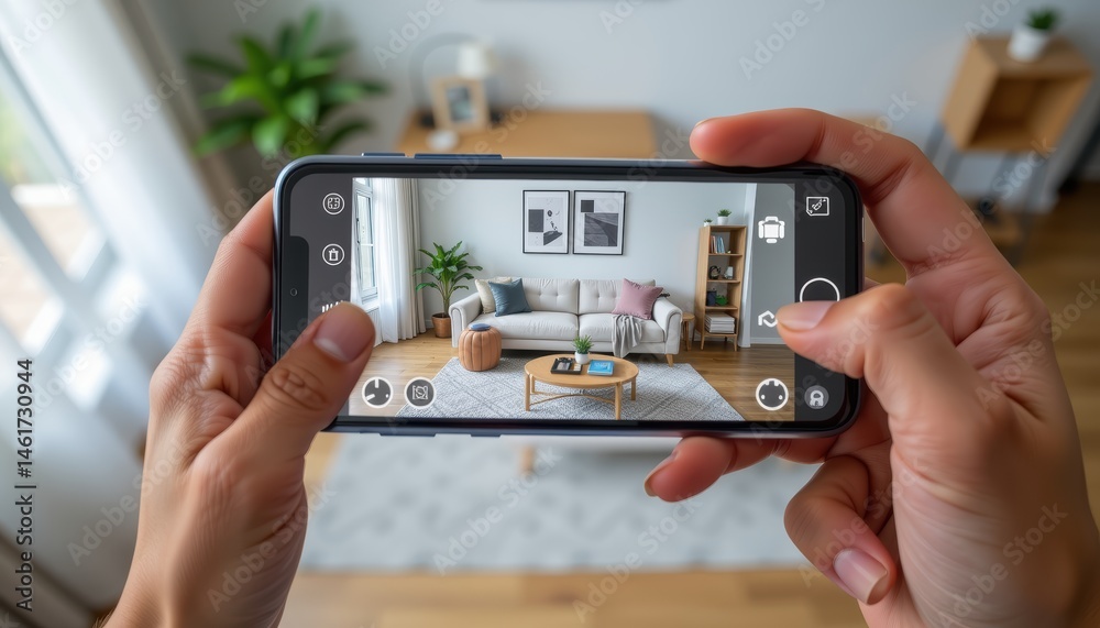 Hands Holding Smartphone Taking Photo of a Cozy Living Room with Modern Furniture and Decor Hands Holding Smartphone Taking Photo of a Cozy Living Room with Modern Furniture and Decor