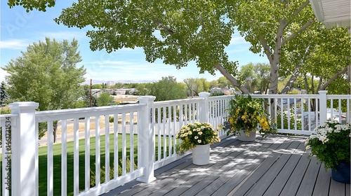 Serene Deck View White Railing Gray Composite Deck Blooming Flowers Lush Greenery Suburban Landscape