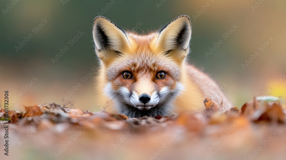 Fototapeta premium Red fox in autumn leaves, close-up