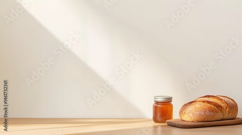 Freshly baked bread and honey jar on wooden surface in sunlit kitchen space