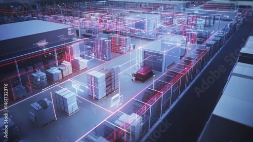 Automated warehouse with smart logistics and digital overlay showing product flow and inventory management.