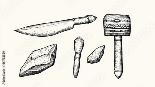 Sketches of archaic tools laid out for study of ancient methods, materials