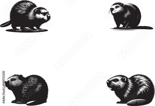 Four Engraved Illustrations of Beavers