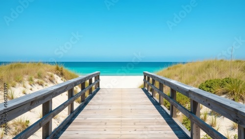 Fototapeta Naklejka Na Ścianę i Meble -  Serene wooden boardwalk leading to sandy dune beach with clear blue sky background, nature, dune