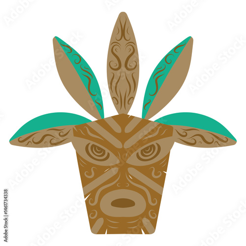 Green tiki mask illustration. Tribal wooden mask totem in hawaiian style. Tribal tiki idol head.