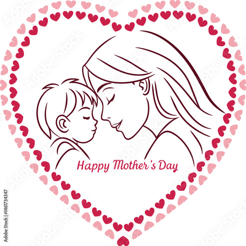 Minimalist line drawing of mother and child in heart border