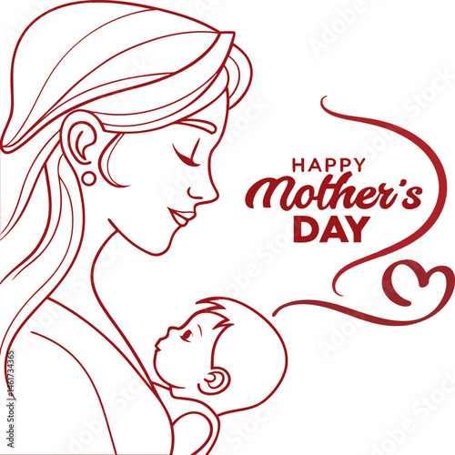 Minimalist red line drawing of mother holding child