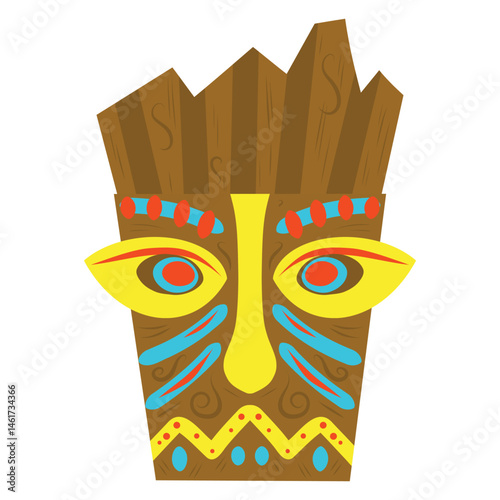 Yellow tiki mask illustration. Tribal wooden mask totem in hawaiian style. Tribal tiki idol head.