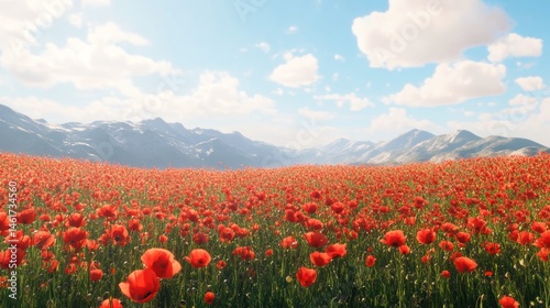 Crimson poppy sea stretches to meet frosted mountain peaks and airy sky