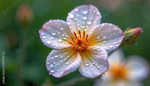 Close-Up of a Delicate Flower with Dew Drops Glimmering on Petals in a Lush Green Environment
