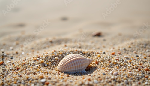 Delicate Seashell Nestled in Fine Sand on a Peaceful Beach Under Warm Sunlight