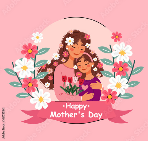 Illustration of mother and daughter with flowers on light pink background.Greeting card for Happy Mother's Day.