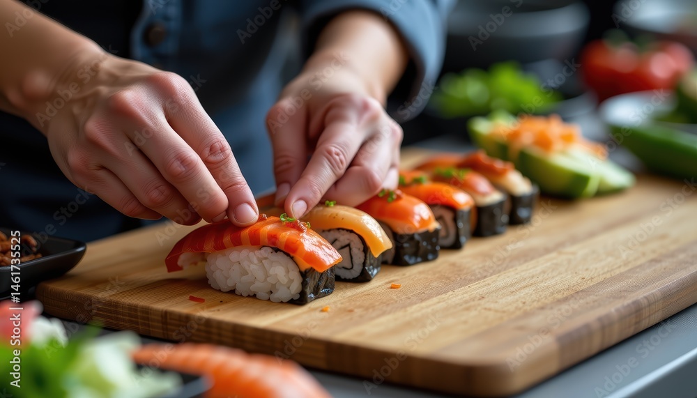Hands Skillfully Preparing Colorful Sushi Rolls with Fresh Ingredients on a Wooden Board