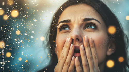 A woman, overwhelmed with emotion, looks upward photo