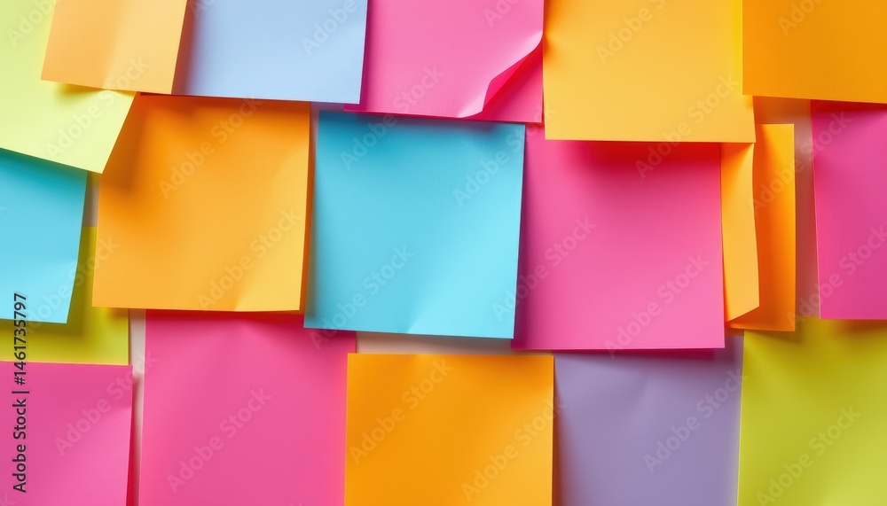 Colorful Arrangement of Sticky Notes in Various Shades on a Bright Office Workspace Background