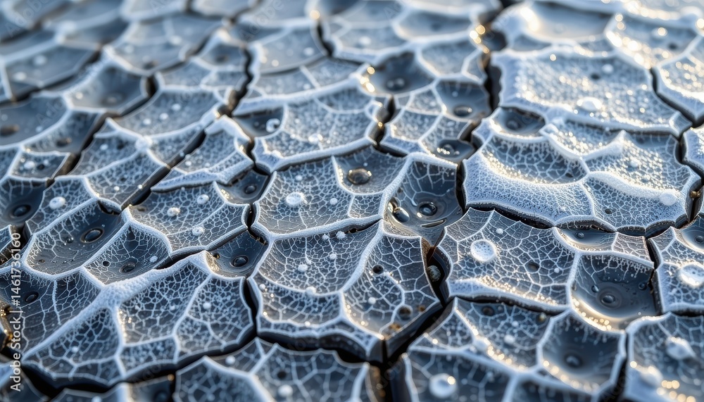 Intricate Frosted Surface with Cracked Patterns and Speckles of Ice in a Cold Winter Setting