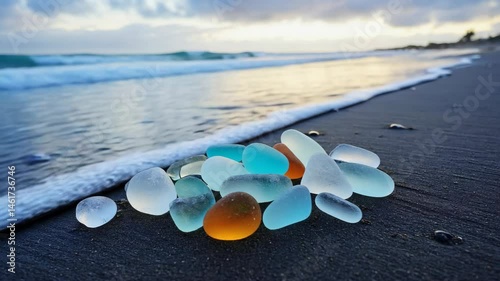 Colorful sea glass found on sandy beach at sunset